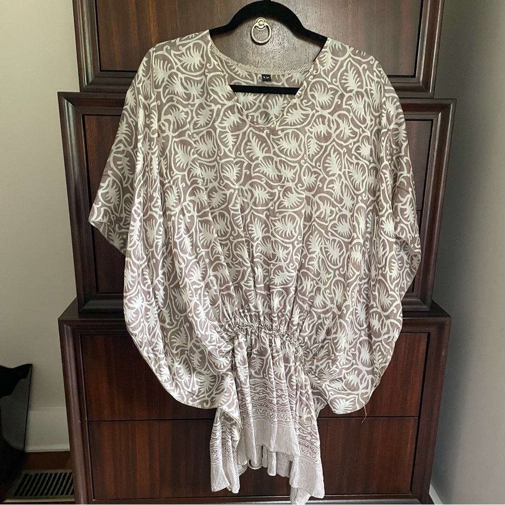 100% Silk beige and white blouse/cover up